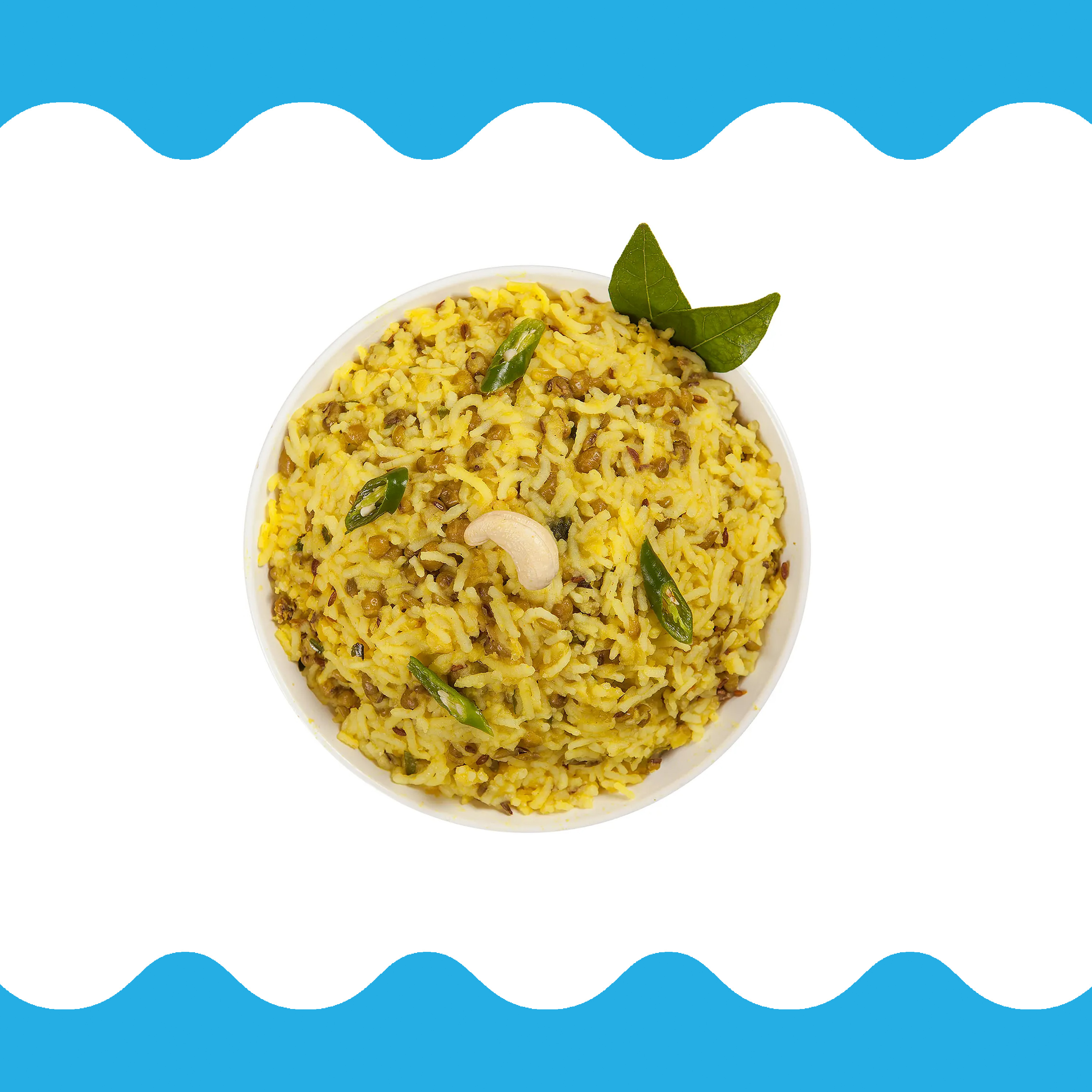 Bowl of Khichdee on white and blue background