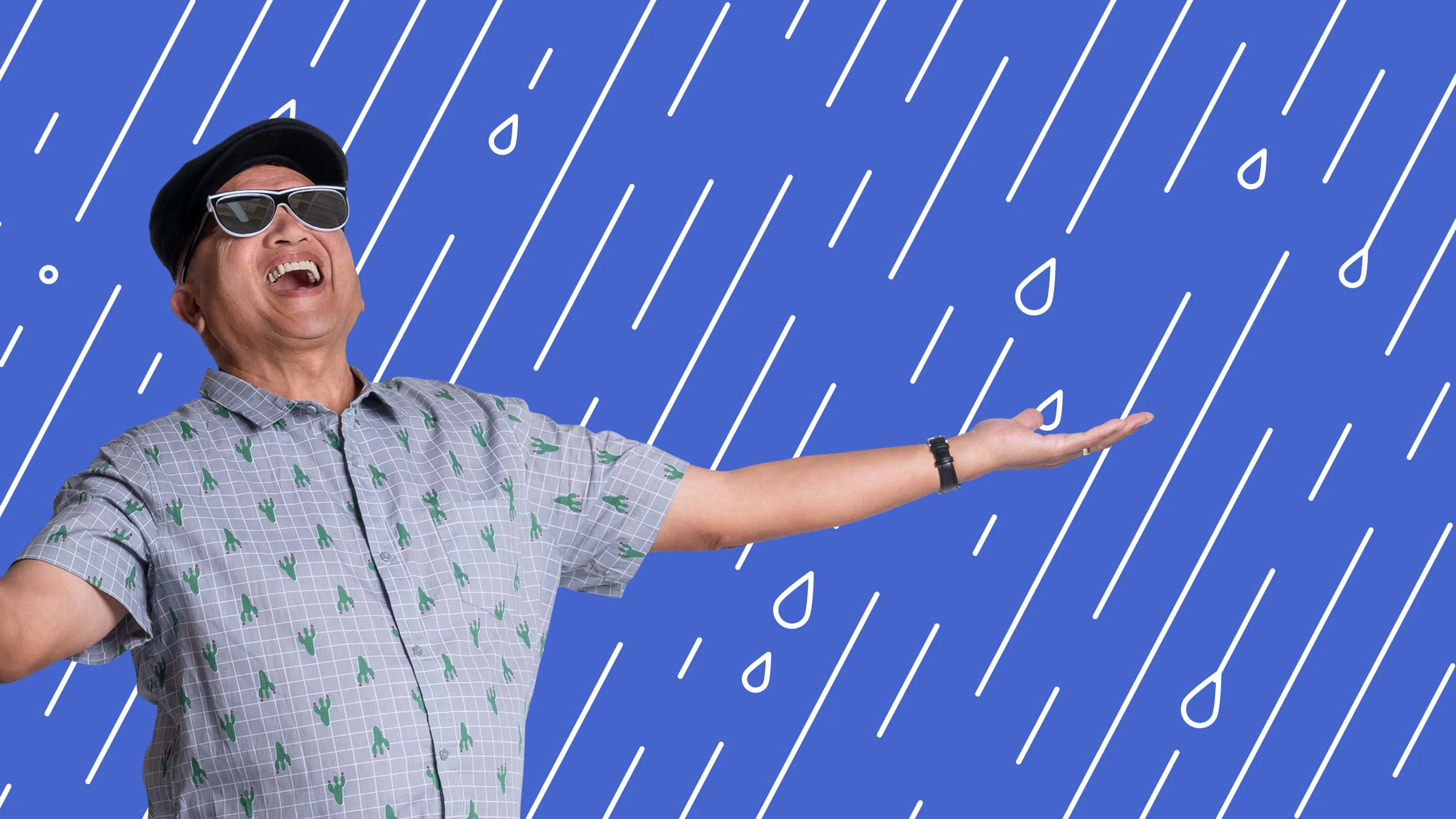 Elder man in sunglasses and hat standing arms outstretched against blue rain graphic active adult